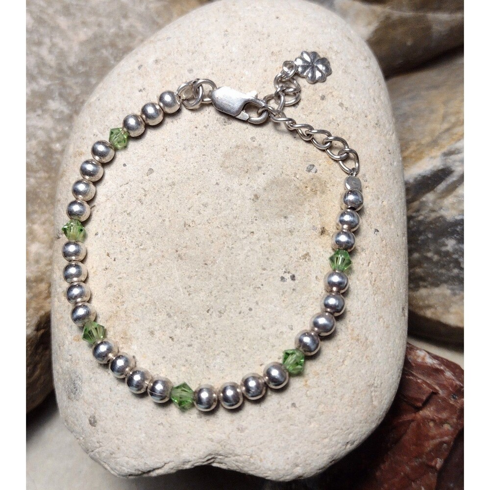 Sterling Silver .925 Green Crystal Beaded Shamrock Charm Bracelet Irish